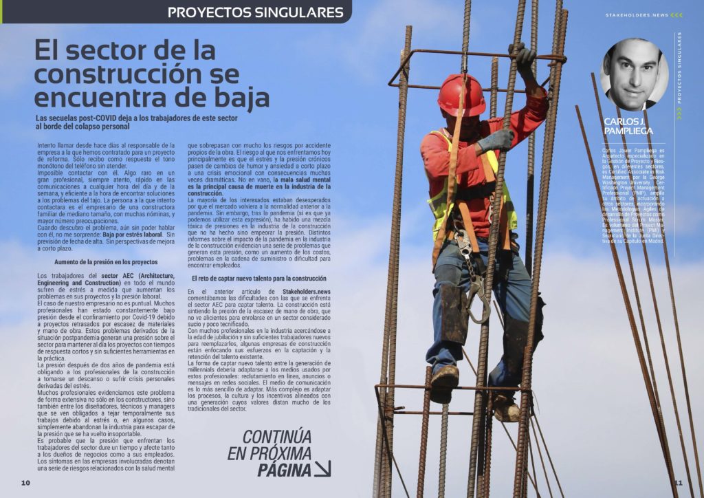 Articulo "El sector de la construcción se encuentra de baja" de Carlos Pampliega en la Sección "Proyectos Singulares" de la Revista Stakeholders.news