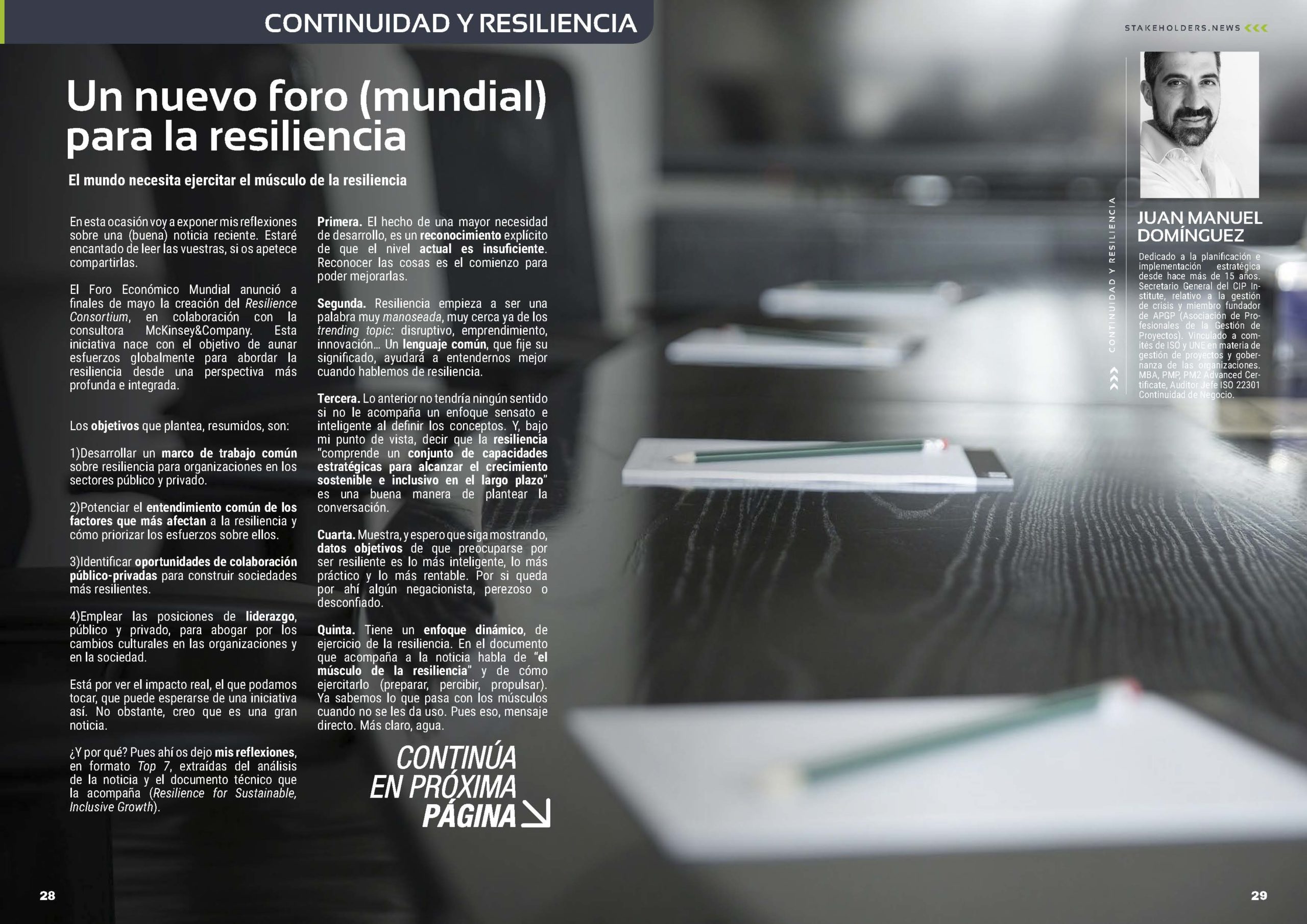 Articulo "Un nuevo foro (mundial) para la resiliencia" de Juan Manuel Dominguez en la Sección "Continuidad y Resiliencia" de la Revista Stakeholders.news