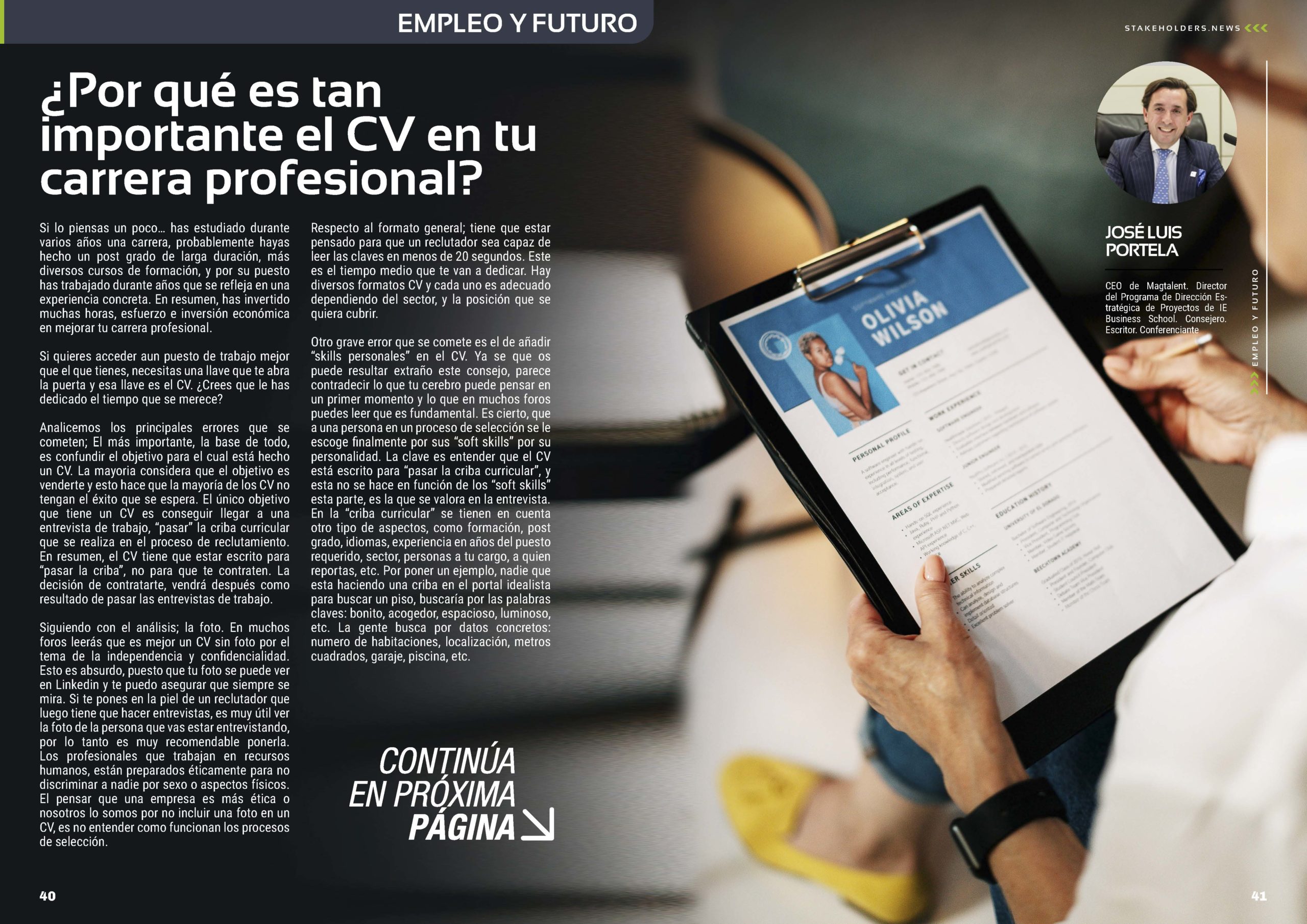 Articulo "¿Por qué es tan importante el cv en tu carrera profesional?" de Jose Luis Portela en la Sección "Empleo y Futuro" de la Revista Stakeholders.news