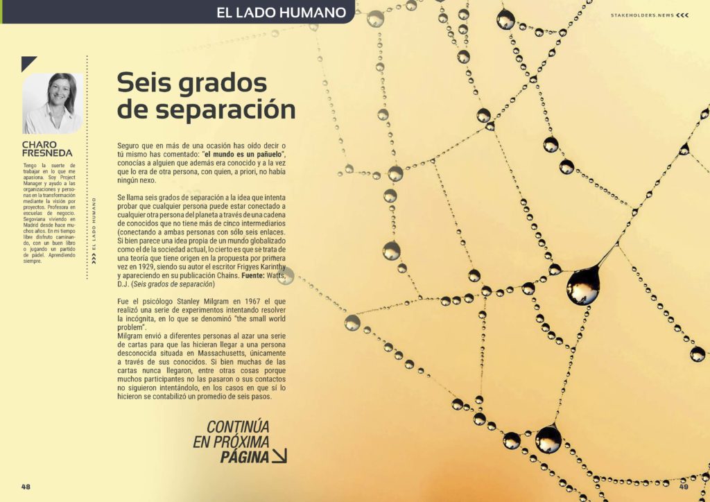 Articulo "Seis grados de separación" de Charo Fresneda en la Sección "El Lado Humano" de la Revista Stakeholders.news