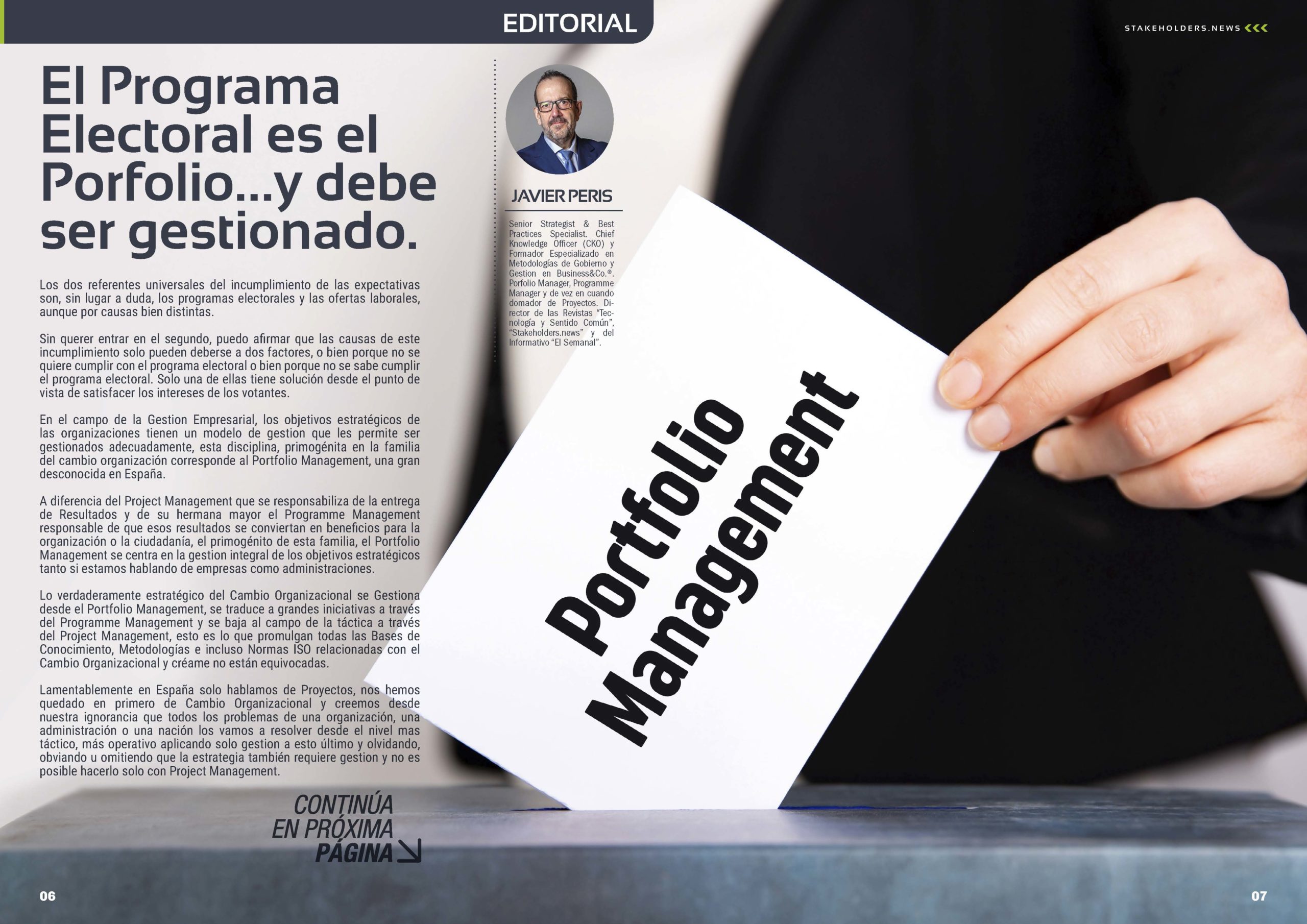 Articulo "El Programa Electoral es el Porfolio …y debe ser gestionado." Editorial de Javier Peris en la Revista Stakeholders.news