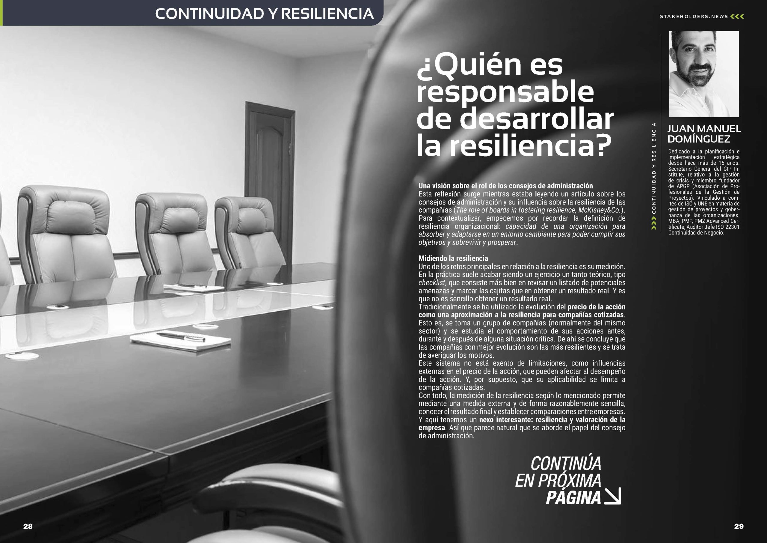 Articulo "¿Quién es responsable de desarrollar la resiliencia?" de Juan Manuel Dominguez en la Sección "Continuidad y Resliencia" de la Revista Stakeholders.news