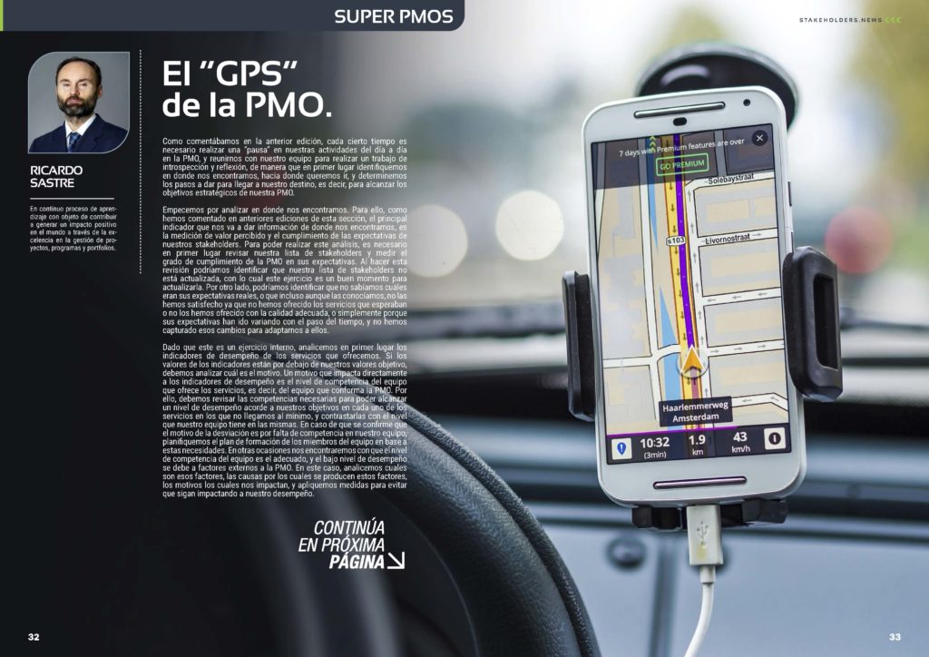 Artículo "El “GPS” de la PMO" de Ricardo Sastre en la Sección "Súper PMOs" de la Revista Stakeholders.news