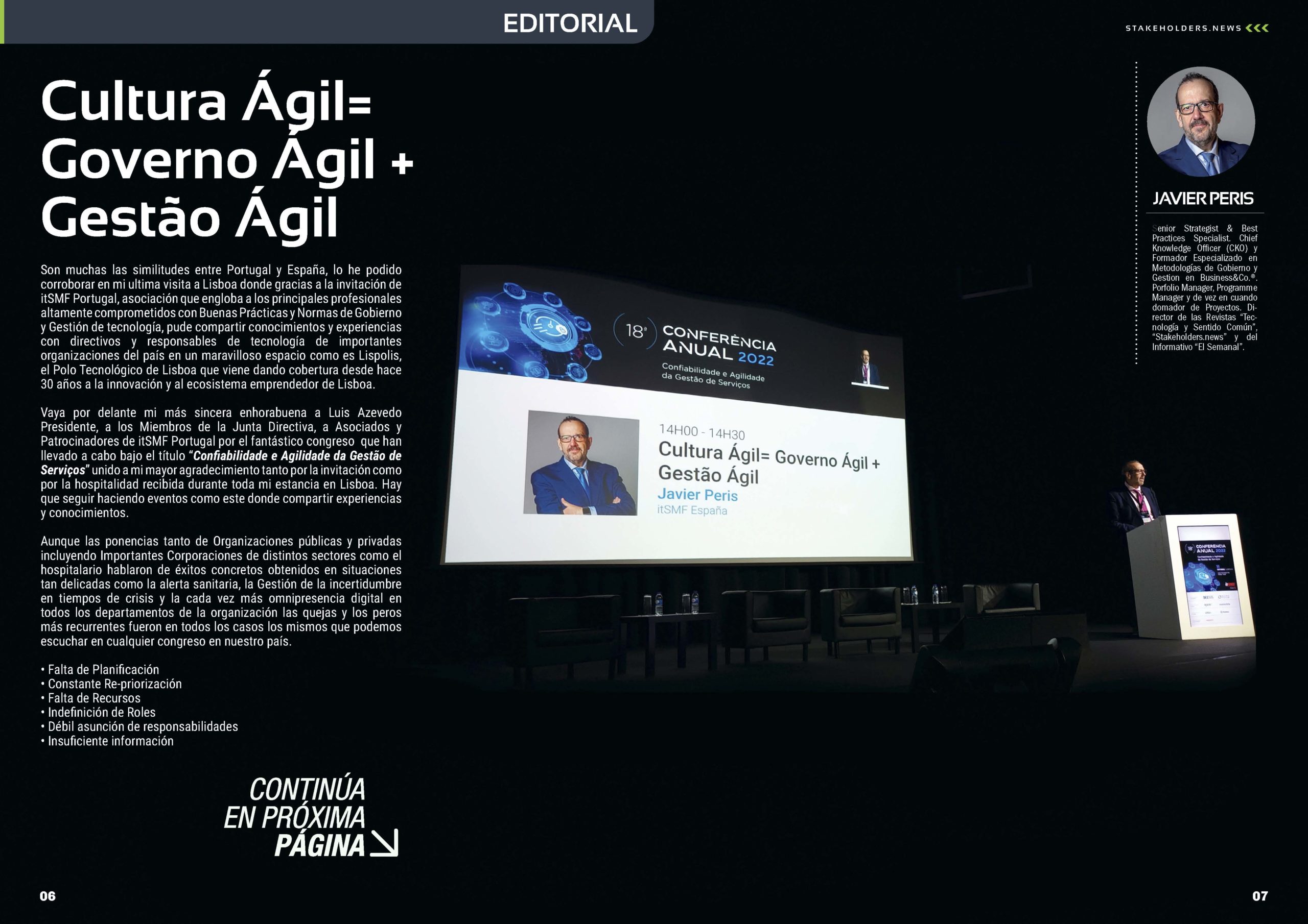 Editorial "Cultura Ágil= Governo Ágil + Gestão Ágil" de Javier Peris en la Revista Stakeholders.news