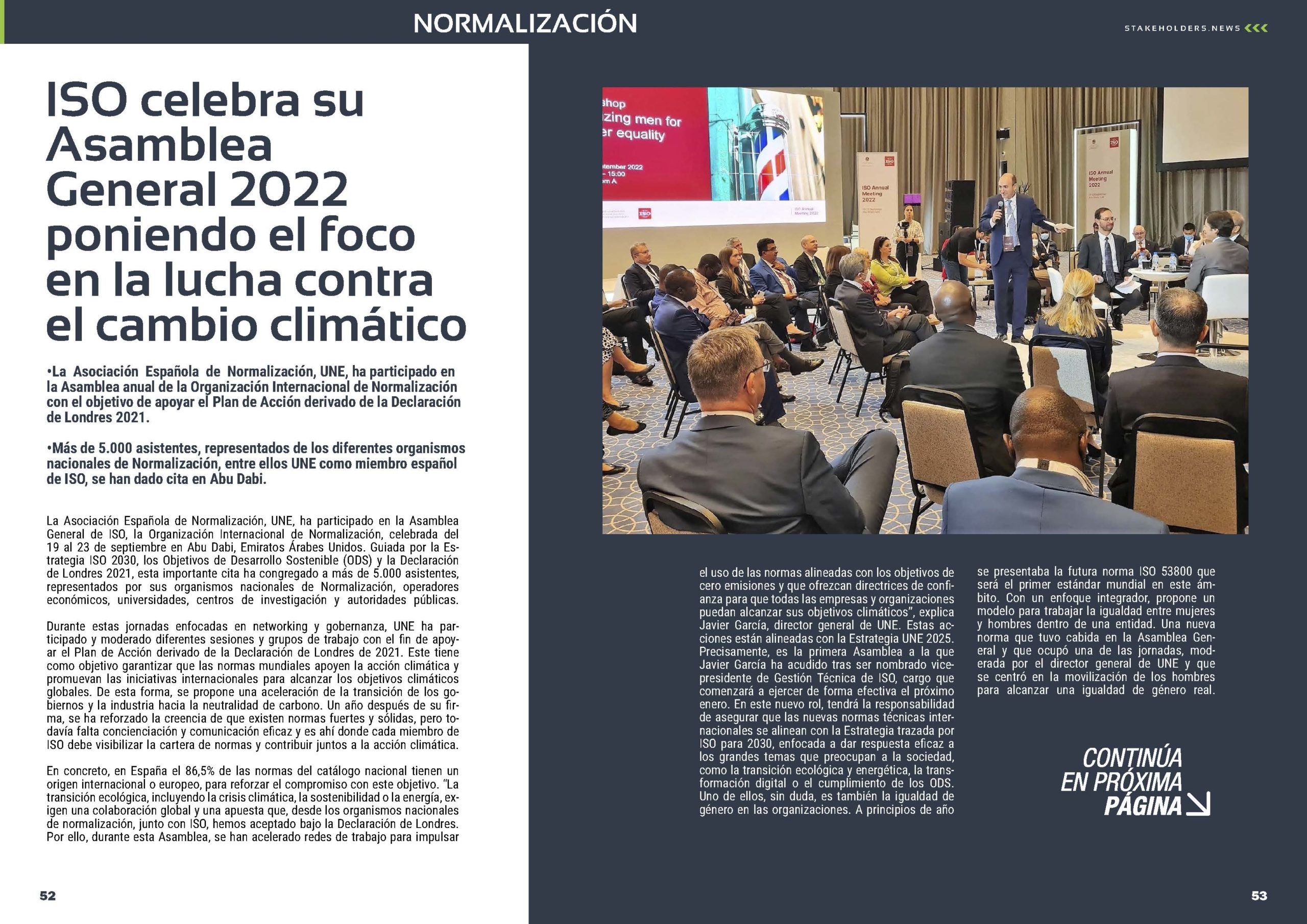 Artículo "ISO celebra su Asamblea General 2022 poniendo el foco en la lucha contra el cambio climático" de UNE Normalización Española en la Sección "Normalización" de la Revista Stakeholders.news de octubre de 2022