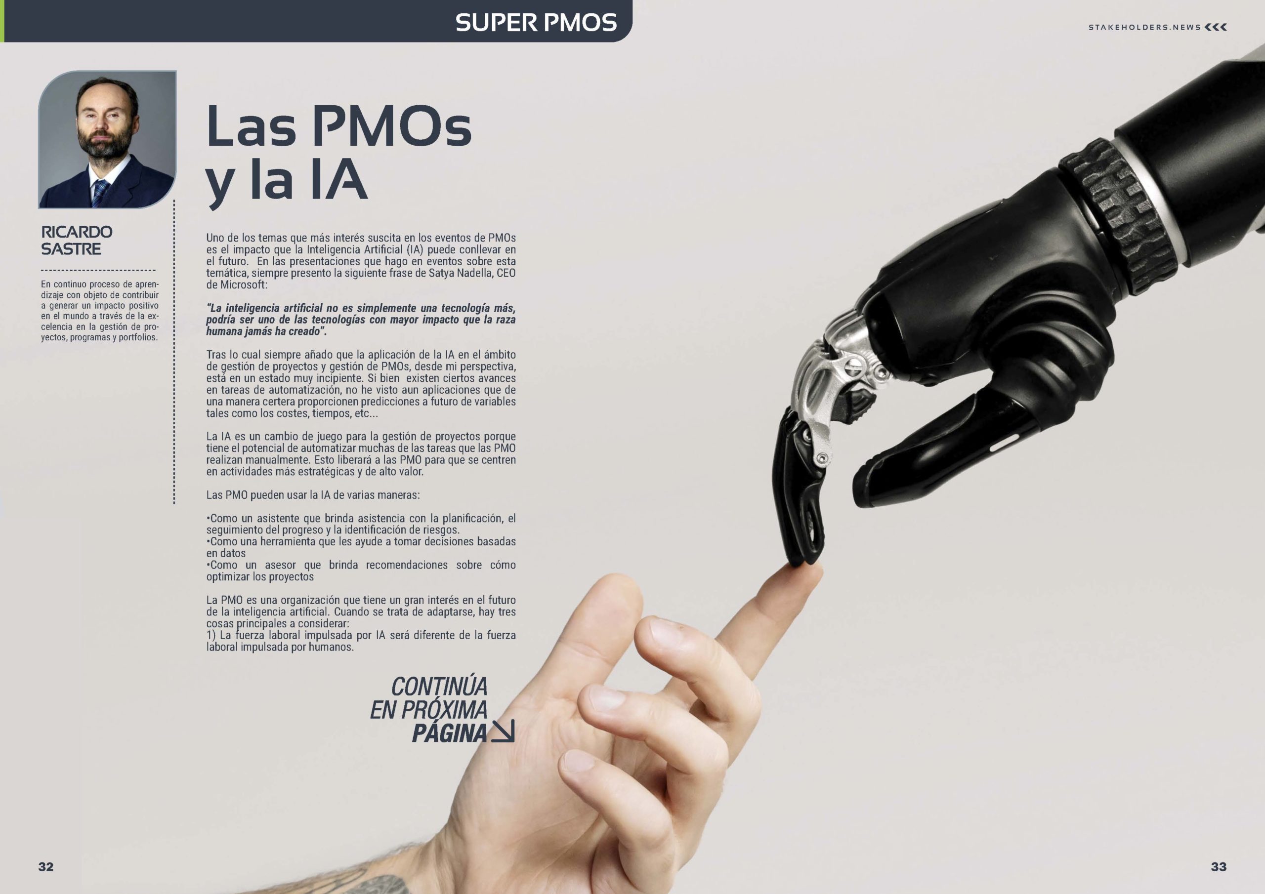 Artículo "Las #PMOs y la #IA" de Ricardo Sastre en la Sección " Súper PMOs" de la Revista Stakeholders.news