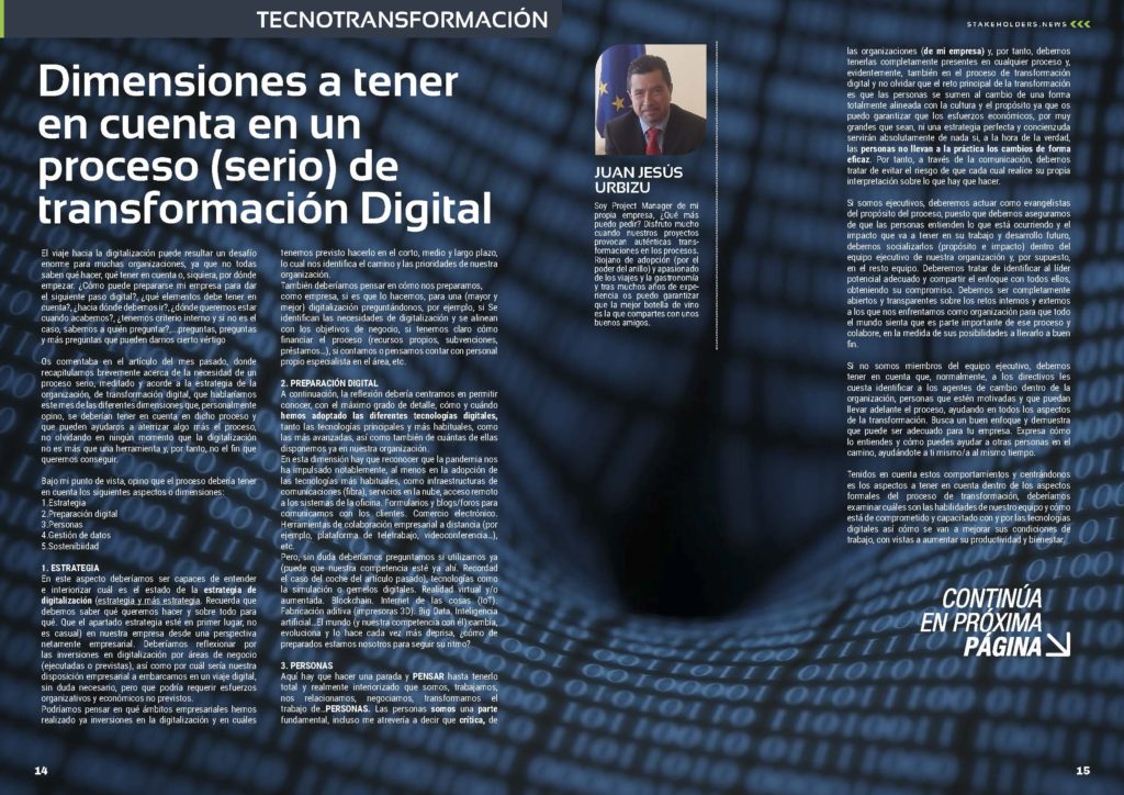 Artículo "Dimensiones a tener en cuenta en un proceso (serio) de transformación digital" de Juan Jesús Urbizu en la Revista Stakeholders.news