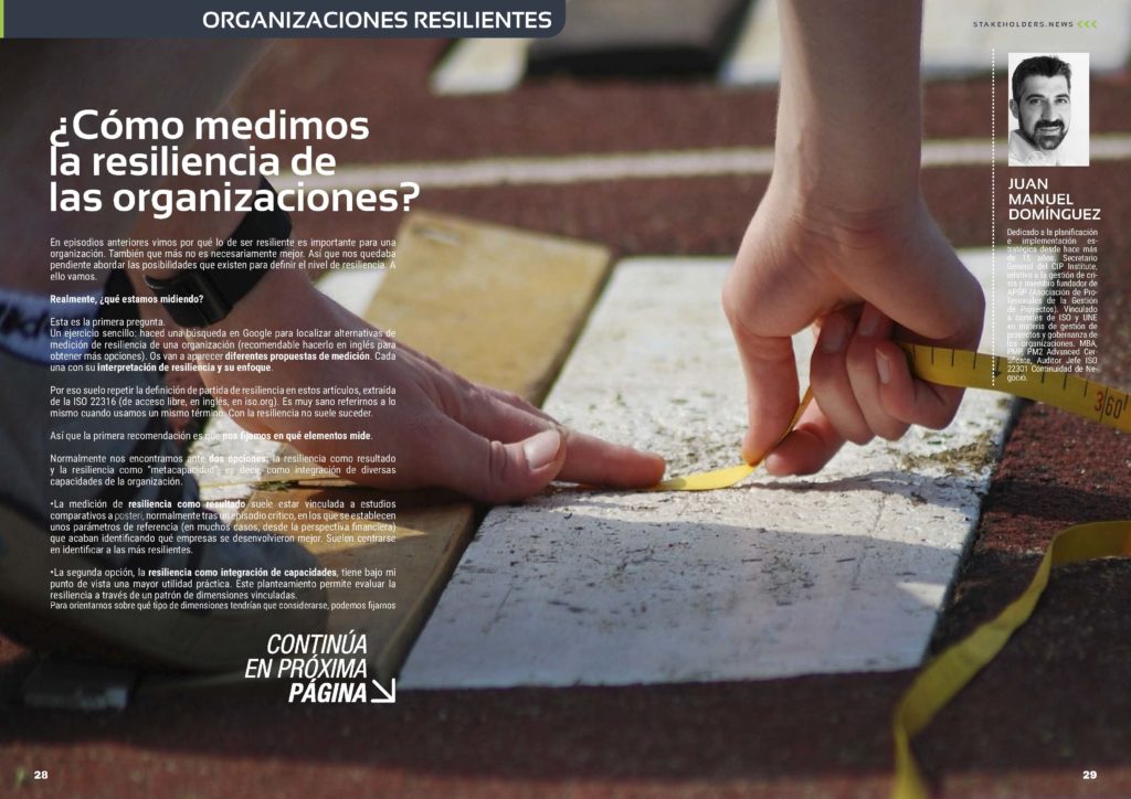 Artículo "¿Cómo medimos la resiliencia de las organizaciones?" de Juan Manuel Dominguez en la Revista Stakeholders.news