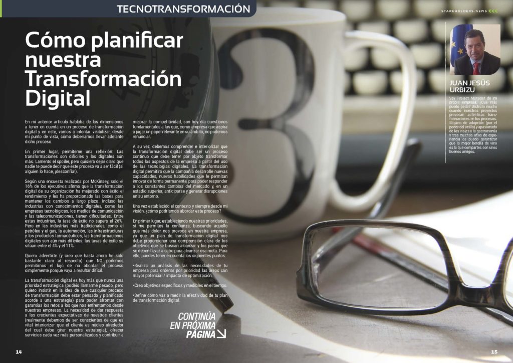 Artículo "Cómo planificar nuestra Transformación Digital" de Juan Jesús Urbizu en la Revista Stakeholders.news