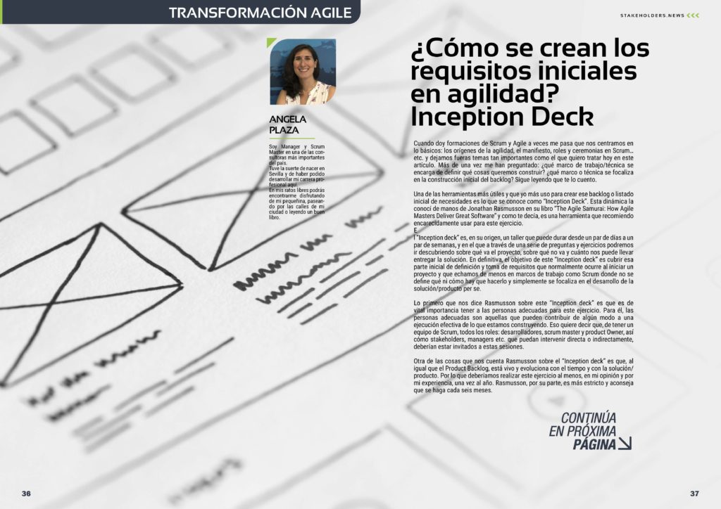 Artículo "¿Cómo se crean los requisitos iniciales en agilidad? Inception Deck" de Ángela Plaza Lora en la Revista Stakeholders.news