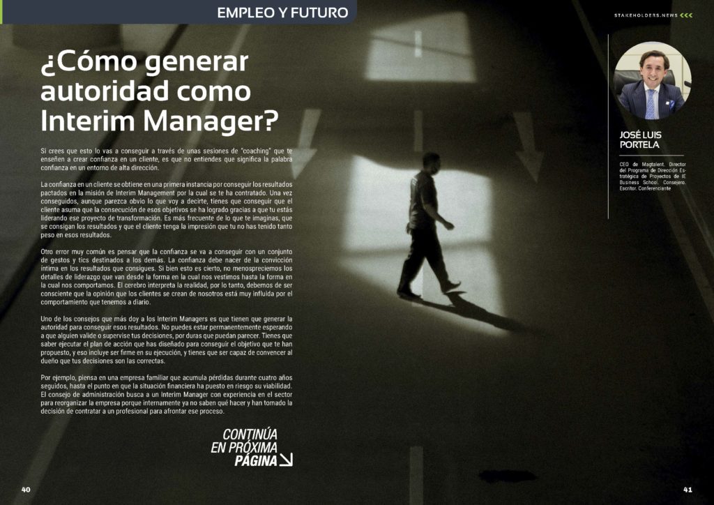 Artículo "¿Cómo generar autoridad como Interim Manager?" de Jose Luis Portela en la Revista Stakeholders.news