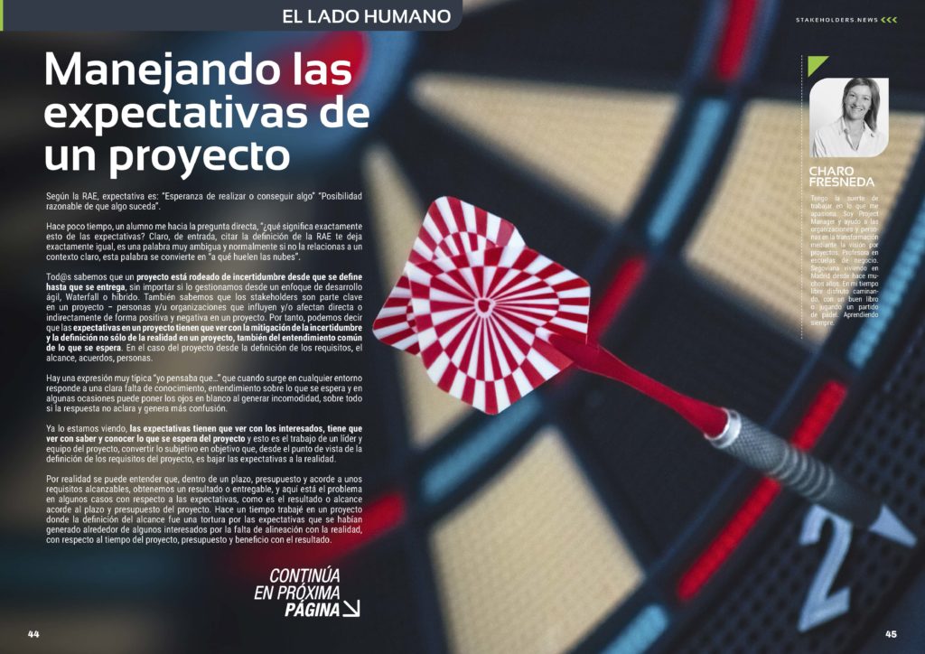 Artículo "Manejando las expectativas de un proyecto" de Charo Fresneda en la Revista Stakeholders.news