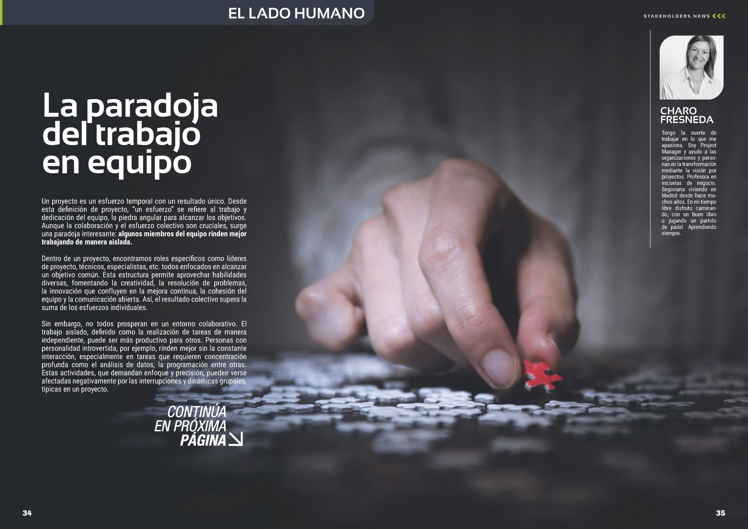 "La paradoja del trabajo en equipo" artículo de Charo Fresneda en la Sección "El Lado Humano" de la edición de julio de la revista mensual Stakeholders.news La Revista Líder de la Alta Dirección y los Profesionales de Gobierno, Dirección y Gestión de Porfolios, Programas y Proyectos.