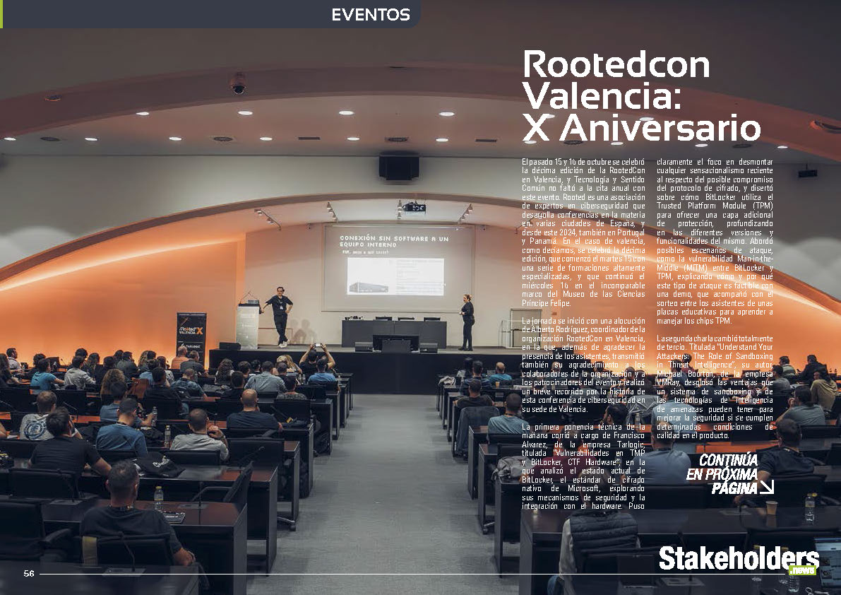 "Rootedcon Valencia: X Aniversario" artículo de "Manuel David Serrat Olmos" en la Sección "Eventos" de la edición de noviembre de la revista mensual Stakeholders.news La Revista Líder de la Alta Dirección y los Profesionales de Gobierno, Dirección y Gestión de Porfolios, Programas y Proyectos.