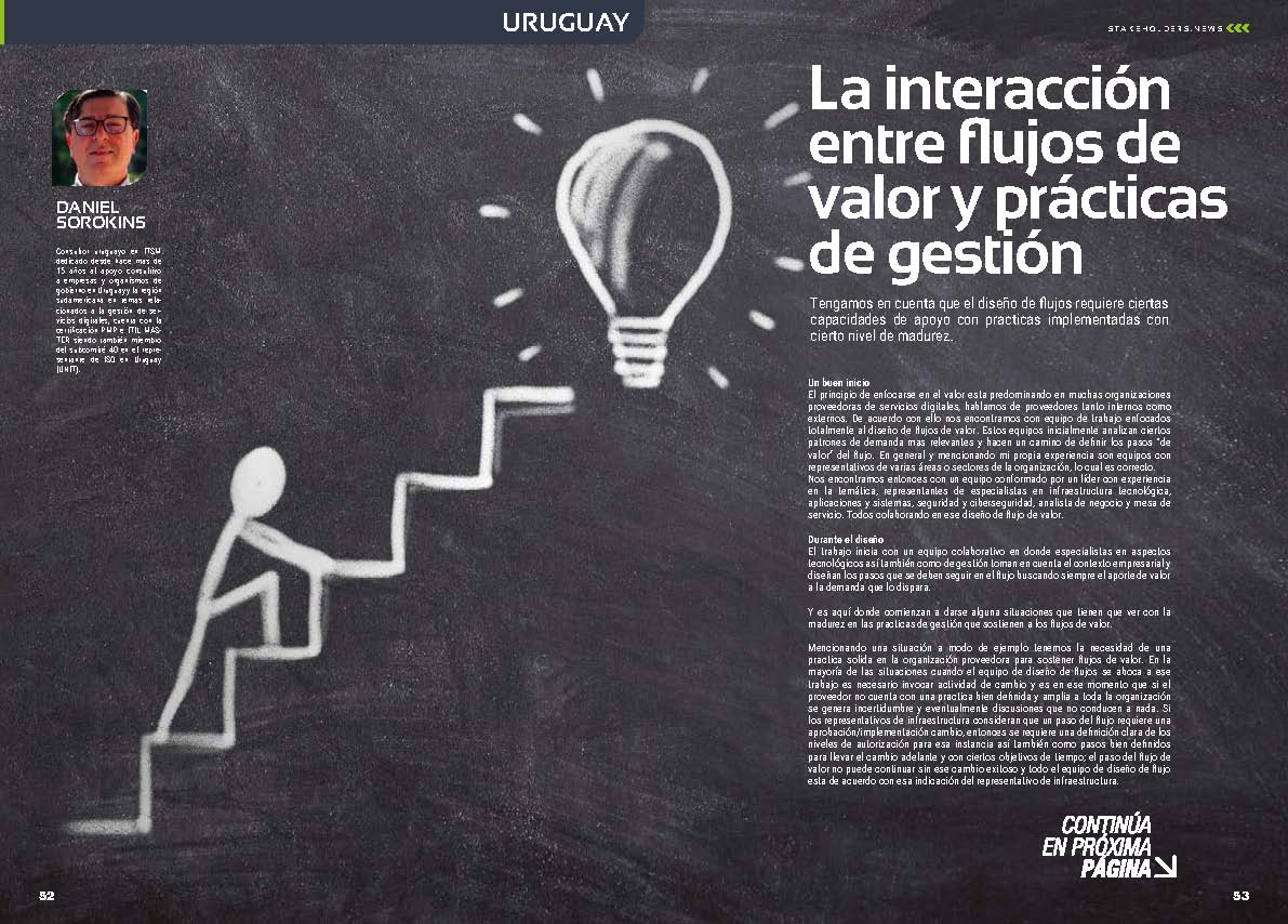 "La interacción entre flujos de valor y practicas de gestión" artículo de Daniel Sorokins en la Sección "Uruguay" de la edición de diciembre de la revista mensual Stakeholders.news La Revista Líder de la Alta Dirección y los Profesionales de Gobierno, Dirección y Gestión de Porfolios, Programas y Proyectos.