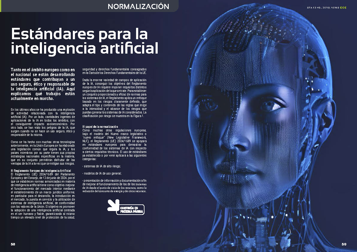 "Estándares para la Inteligencia Artificial" artículo de UNE Normalizacion Española en la Sección "Normalización" de la edición de febrero de 2025 ST036 de la revista mensual Stakeholders.news La Revista Líder de la Alta Dirección y los Profesionales de Gobierno, Dirección y Gestión de Porfolios, Programas y Proyectos.