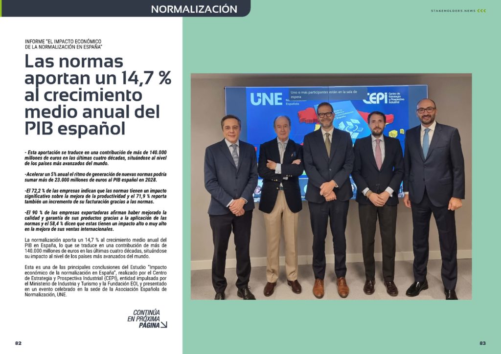 "Las normas aportan un 14,7 % al crecimiento medio anual del PIB español" artículo de UNE Normalización Española en la Sección "Normalización" de la edición de septiembre de 2025 #ST042 de la revista mensual Stakeholders.news La Revista Líder de la Alta Dirección y los Profesionales de Gobierno, Dirección y Gestión de Porfolios, Programas y Proyectos.